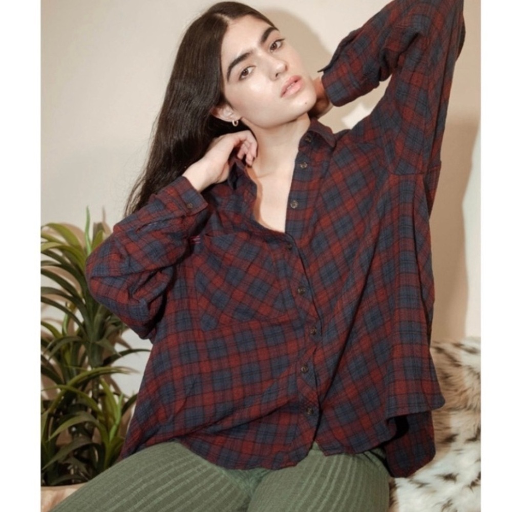 Urban Outfitters Red and Navy Plaid Button-Up Tunic